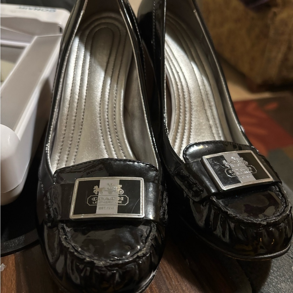Coach Black Patent Leather Logo Plaque Moccasin Flats
